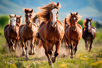 Wild horses running through a field in freedom