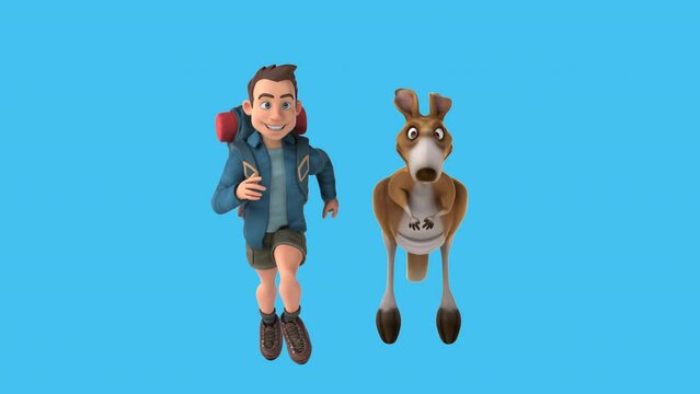 Fun 3D cartoon backpacker with a kangaroo (with alpha channel included)