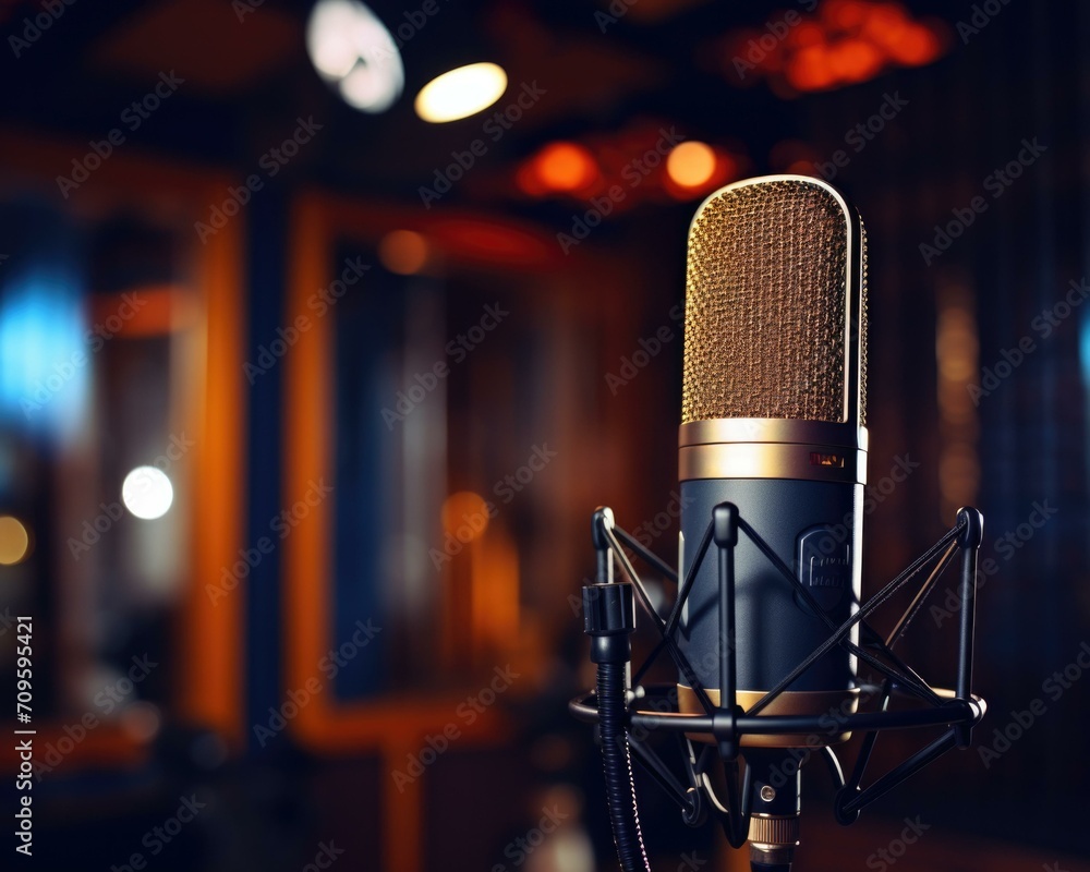 Poster a microphone in a recording studio. generative ai.