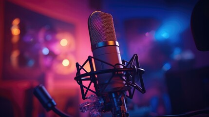 A microphone in a recording studio. Generative AI.