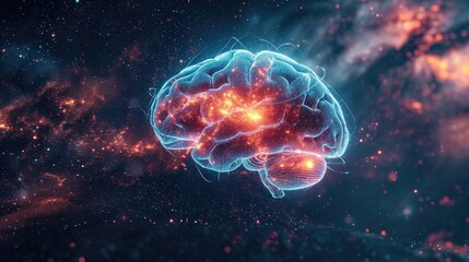 glowing human brain in galaxy background - obrazy, fototapety, plakaty