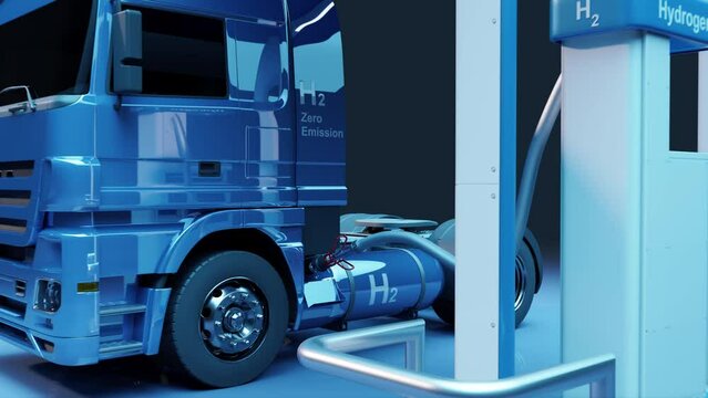 Refueling the truck with hydrogen (H2). Environmentally friendly fuel. 3d rendering.