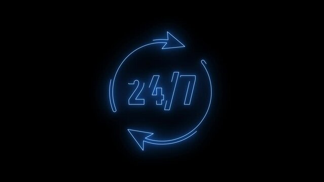 Video footage of Blue glowing 24 hours 7 days neon icon. Looped Neon Lines abstract on black background. Futuristic laser background. Seamless loop. 4k video