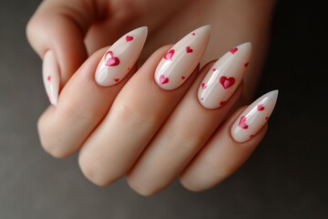 Nude color nail manicure on St. Valentine s Day with hearts - obrazy, fototapety, plakaty