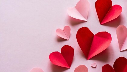 valentine day background of fly paper red and pink hearts on pink color backdrop copy space