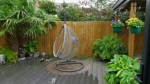 Minimalistic English garden with modern decking bamboo plants on a windy breezy day