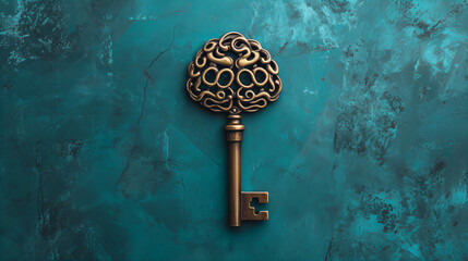 golden old vintage key on blue grunge background