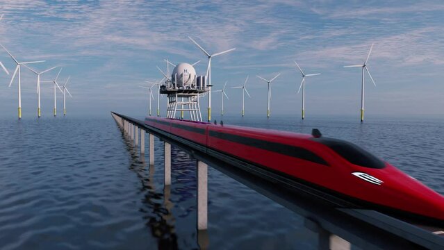 Future. A high-speed maglev train raced along wind farms and hydrogen factories. 3d rendering.