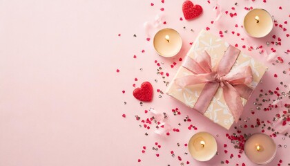 st valentine s day concept top view vertical photo of small giftbox with ribbon bow heart shaped candles and sprinkles on pastel pink background with empty space