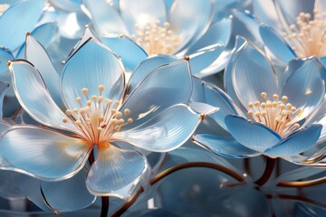  a close up of a bunch of flowers with a blurry background of blue and white flowers in the foreground.