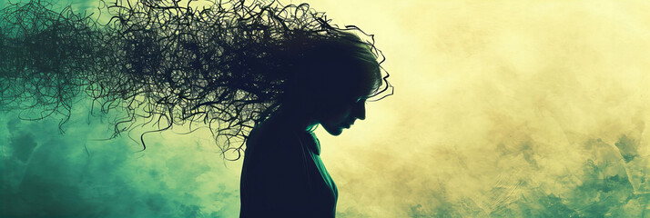 isolated silhouette of a person with messy hair, black thoughts releasing from the head representing sadness, grievance or depression - obrazy, fototapety, plakaty