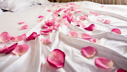 pink rose petals scattered over silk satin bed sheets romantic visual
