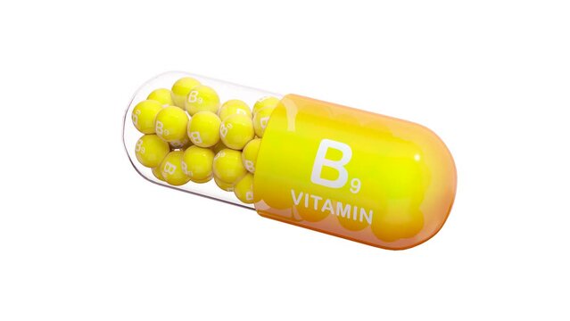 Yellow-orange pill or capsule filled with vitamin B9. Seamless loop. 3D Rendering. RGB + Alpha channel + green chromakey screen