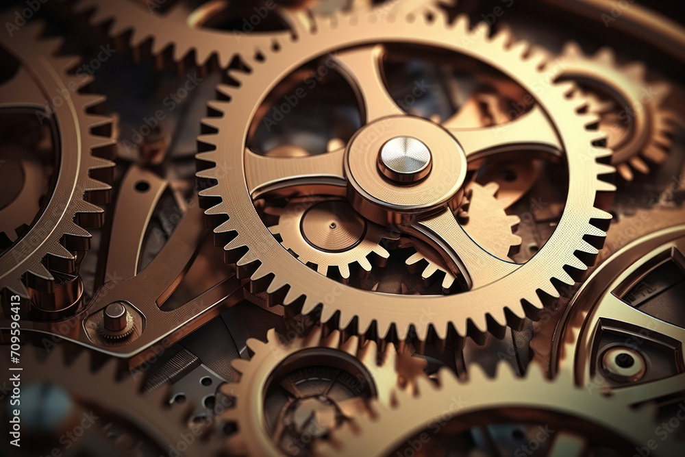 Poster a close up view of the gears of a mechanical clock showing the time on the hour and the hour on the 