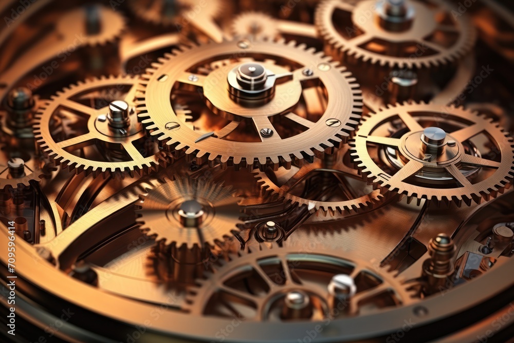 Poster a close up view of a watch face with the gears spinning in the direction of the hour and the hour.