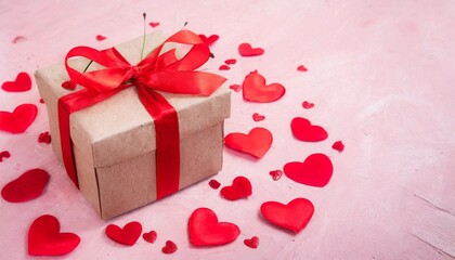 beautiful gift box and red hearts on pink background st valentine s day