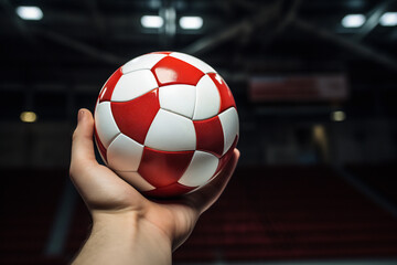 The hand is holding the handball ball. Generative AI Image.
 - obrazy, fototapety, plakaty
