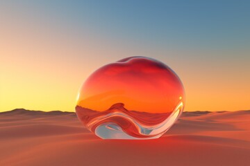 Fototapeta na wymiar a glass ball sitting in the middle of a desert with a sunset in the back ground and a blue sky in the background.