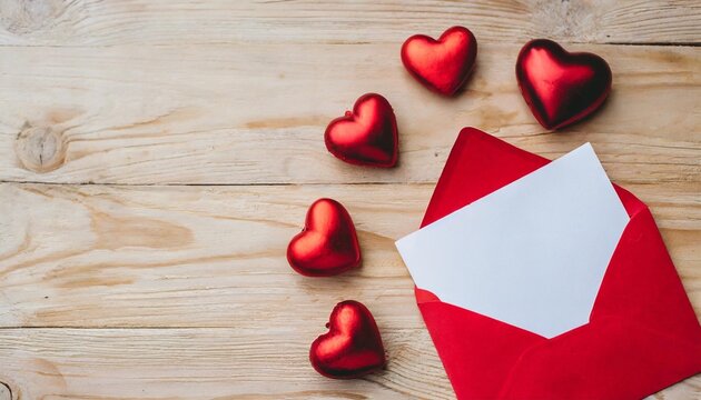 valentines day card with hearts valentine day holiday background with gift envelope paper card and various red hearts for love romantic message flat lay style