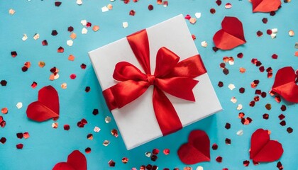 white gift box with red ribbon bow on blue background with confetti christmas present valentine day surprise birthday concept flat lay top view