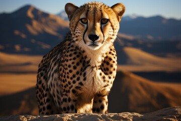  a cheetah standing on top of a rock in the middle of a desert with mountains in the background.