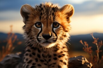  a close up of a cheetah's face with a mountain in the back ground in the background.