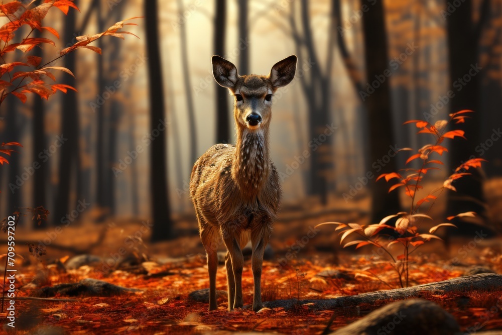 Poster a deer standing in the middle of a forest with red leaves on the ground and tall trees in the backgr