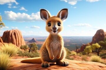  a cute little kangaroo sitting on top of a rock in the middle of a desert with mountains in the background.