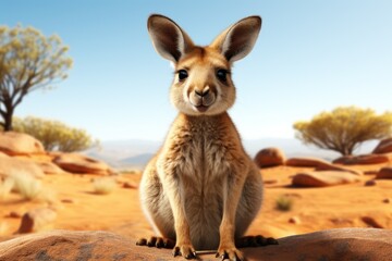  a small kangaroo sitting on top of a rock in the middle of a desert with trees and rocks in the background.