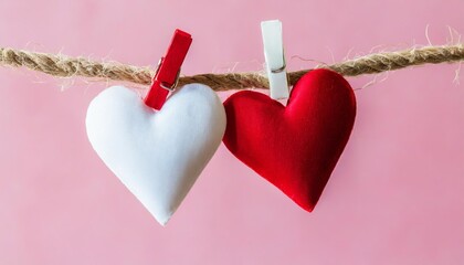 white and red heart pin on a rope on pink background love and valentine concept