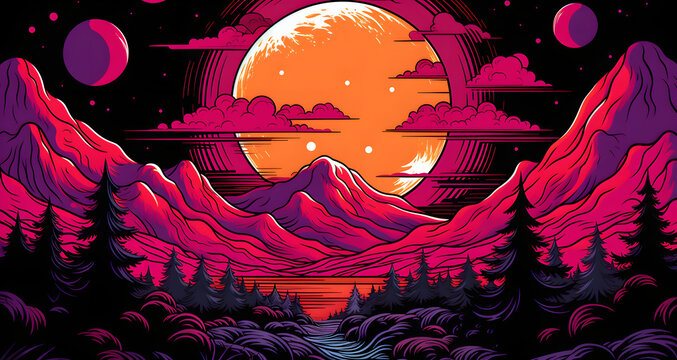 mountains and trees under a red sunset in a digital painting style