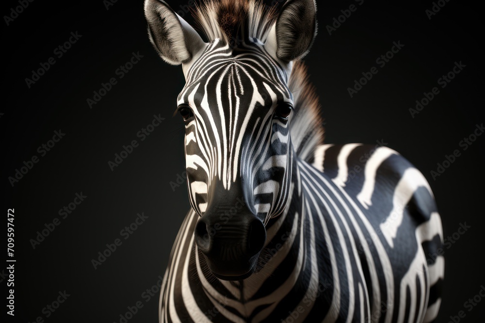 Poster a close up of a zebra's head on a black background with only the zebra's head visible.
