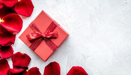 gift for valentine s day red gift box near red rose petals on white background top view copy space