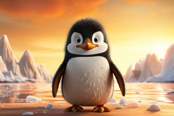  a cartoon penguin standing on a beach with icebergs in the background and a sunset in the sky in the background.