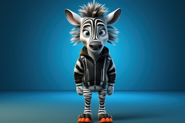 Fototapeta na wymiar a cartoon zebra wearing a black and white jacket and orange shoes, standing on a blue surface with a blue background.