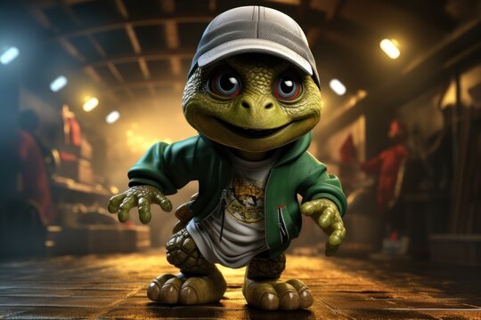  a cartoon turtle dressed in a baseball cap and green jacket, standing on a wooden floor in a dimly lit room.