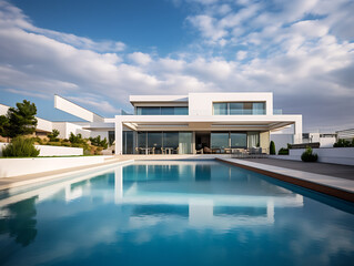 Fototapeta premium Beautiful modern luxury villa with a large swimming pool in front, and blue sky above. Created with Generative AI.