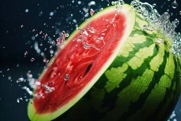  a watermelon that has been sliced in half and is being dropped into the water with a splash of water on it.