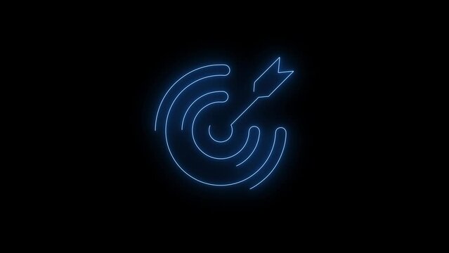 Video footage of Blue glowing Target neon icon. Looped Neon Lines abstract on black background. Futuristic laser background. Seamless loop. 4k video