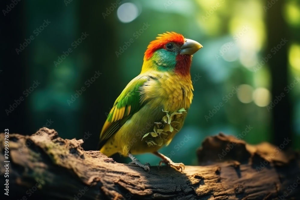 Poster a colorful bird sitting on top of a tree branch in a forest filled with lots of green and red trees.