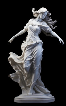 Stunning white marble statue of a graceful woman in motion standing against a black background. Marble statue of ballerina