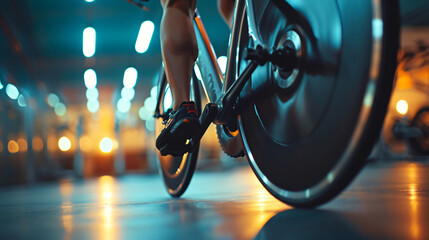 An athlete training on a stationary bike in a gym. - obrazy, fototapety, plakaty