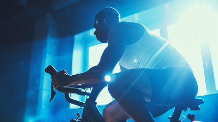An athlete training on a stationary bike in a gym.