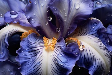  a close up of a blue flower with drops of water on the petals and the petals are white and blue.