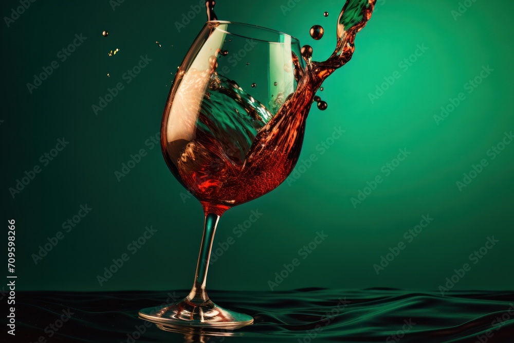 Aufkleber a glass of red wine is splashing into the water on a green background with a reflection of the wine 