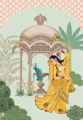 Mughal dancing woman in a garden with arch, peacock, bird and flower illustration