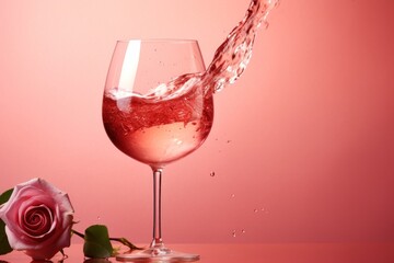  a glass of wine being poured into a wine glass with a pink rose in the foreground and a pink background.