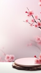 A spring background with a copy space, a podium with pink cherry blossoms. An empty space for the presentation of goods and cosmetics.