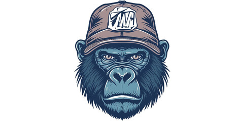 Gorilla in a cap. Vector illustration ready for vinyl cutting.Chimpanzee monkey wearing a motorcycle helmet. Vector illustration.