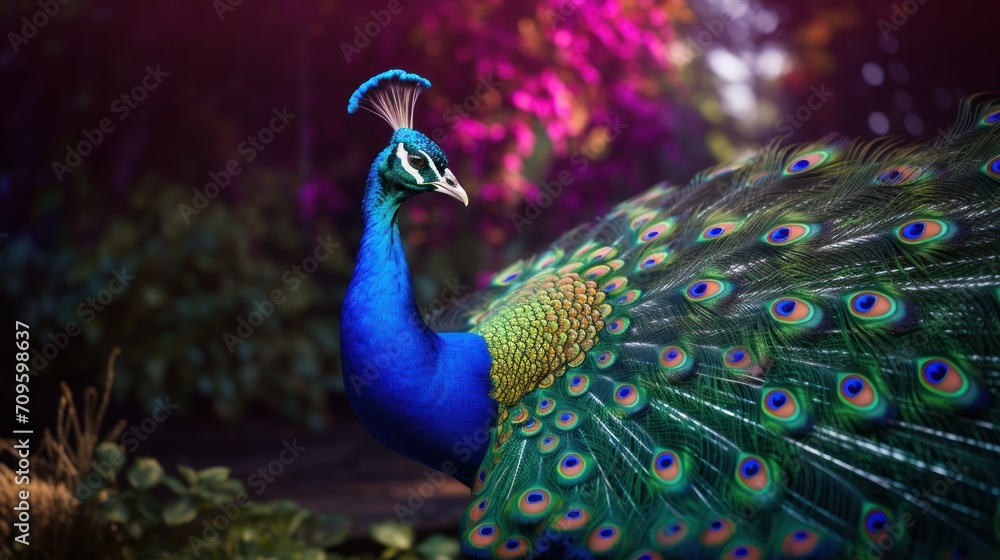 Poster a close up of a peacock with it's feathers spread out and it's tail feathers spread out.